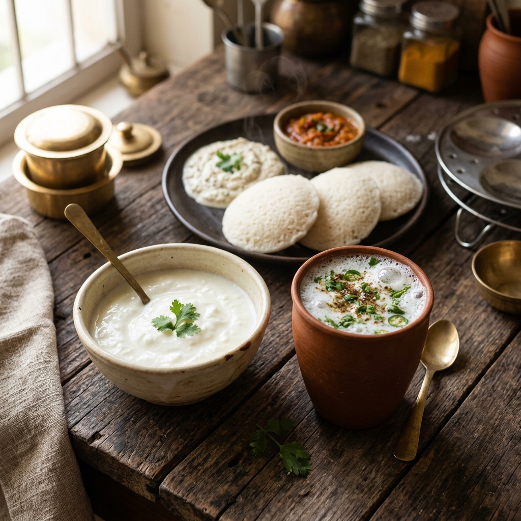 A beautiful rustic tabletop setup of healthy Indian fermented foods: curd, buttermilk, and soft idlis