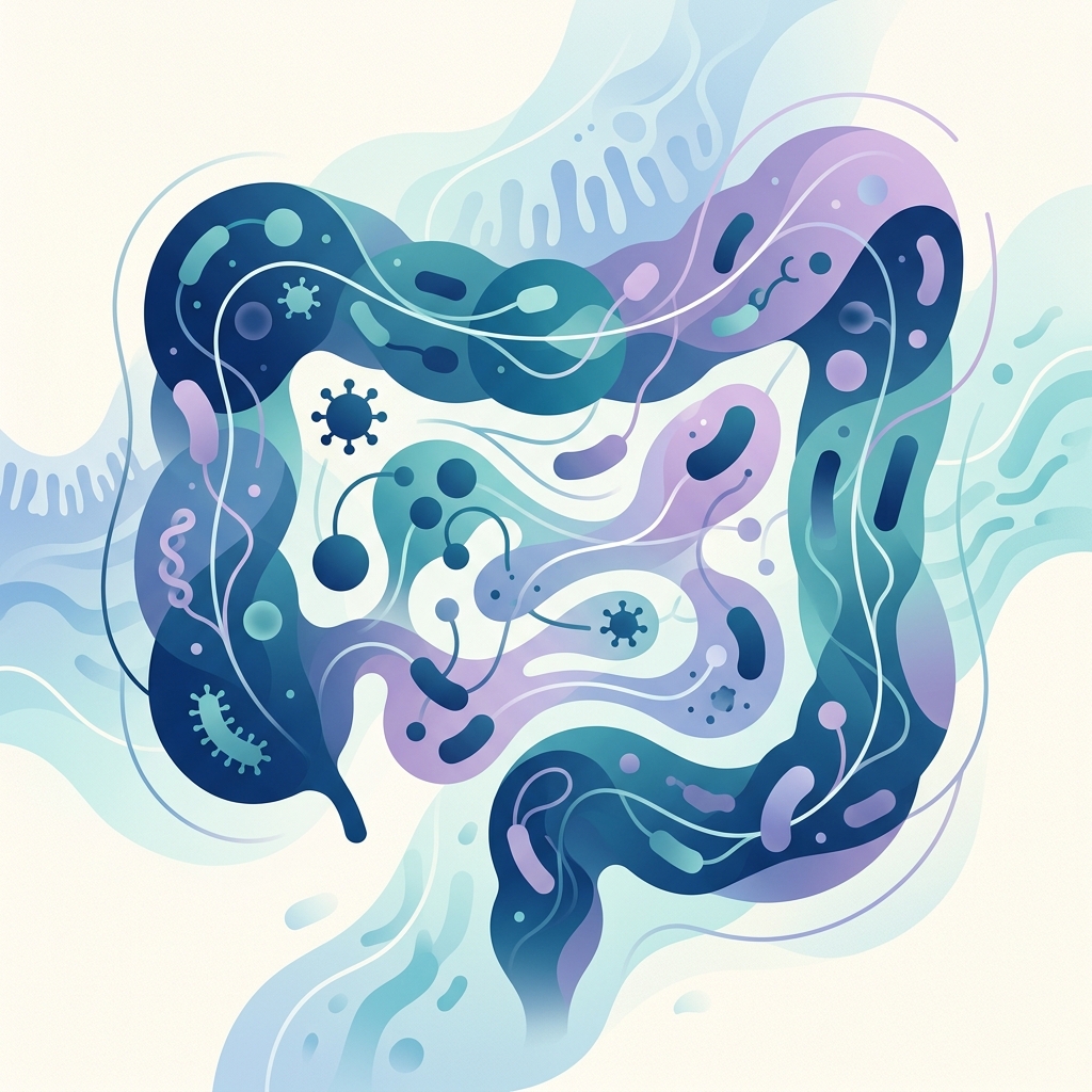 An abstract, professional representation of the gut microbiome ecosystem