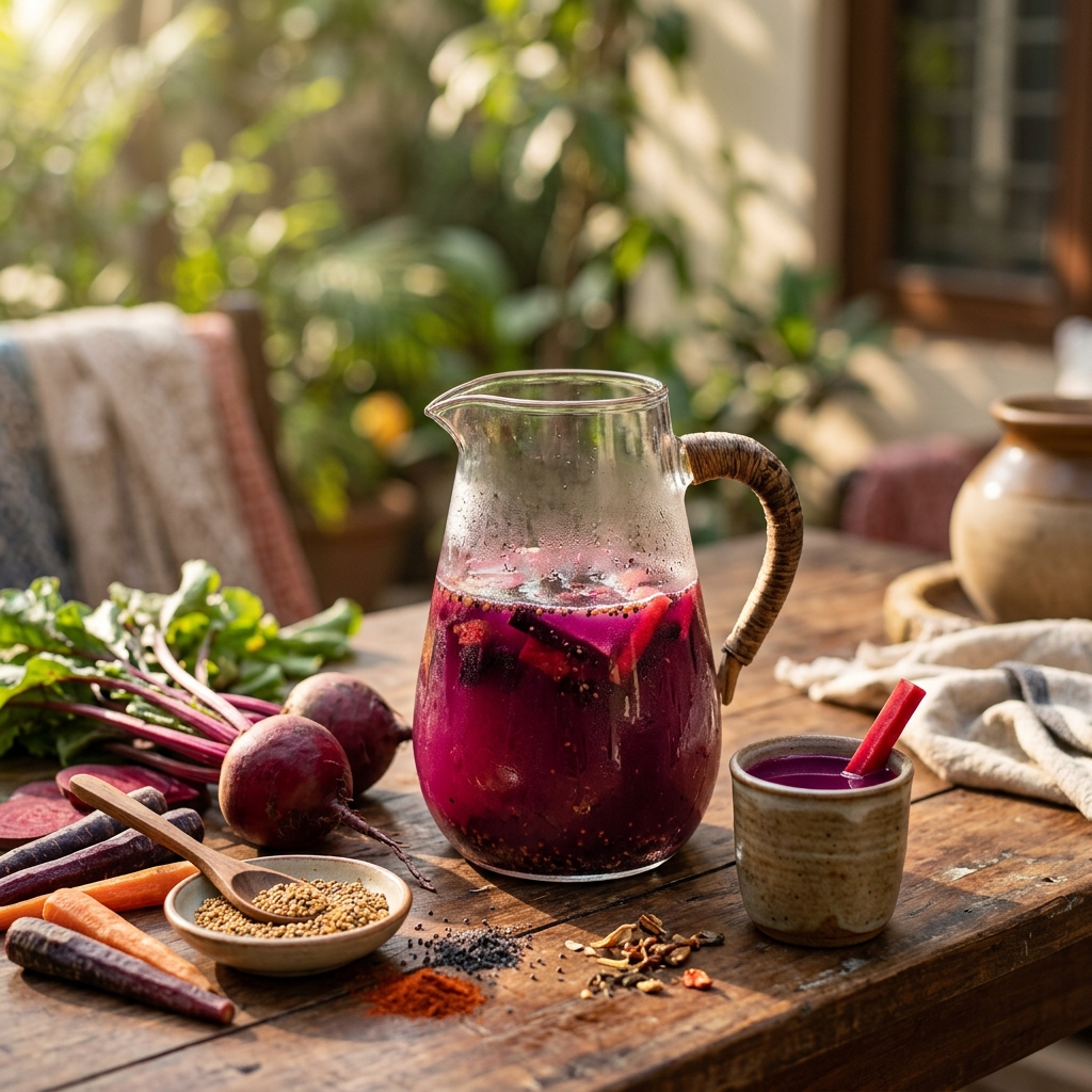 A vibrant glass jar of traditional red-purple Gajar-Beetroot Kanji fermenting in sunlight